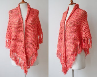 70s Handmade Crocheted Vintage Shawl With Fringes Mottled Red/Yellow // One Size