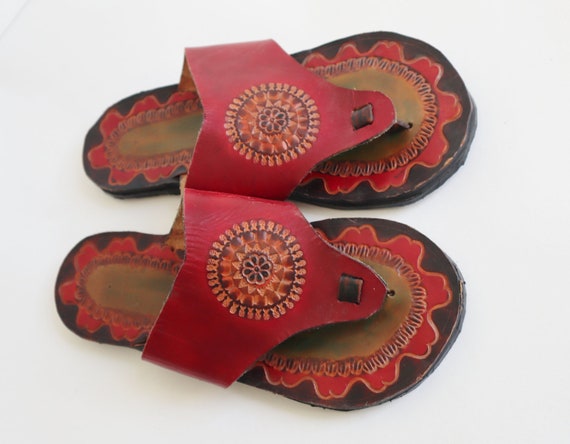 Tooled Leather Sandals in Red green Unisex Sandals Size 40
