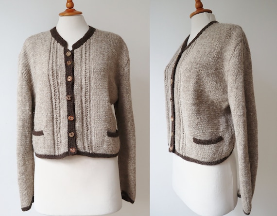 Beige/Brown Hand Knitted Vtg. Wool Cardigan // Kn… - image 2