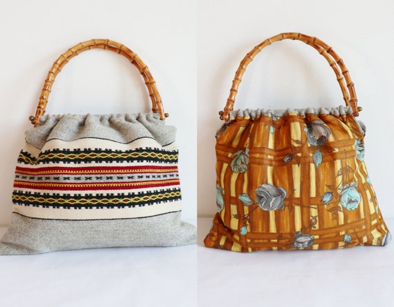 Gray 50s Vtg. Woven Top Handle Bag // Reversible
