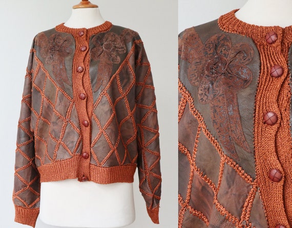 Brown 80s Leather/Knit Patch Work Cardigan //Batw… - image 6