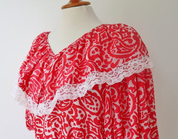 70s Vintage Maxi Dress // Red White Paisley Print… - image 7