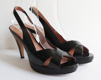 Black Buffalo Platform High Heel Patent Leather Sandals // Size 41 // Made In UK