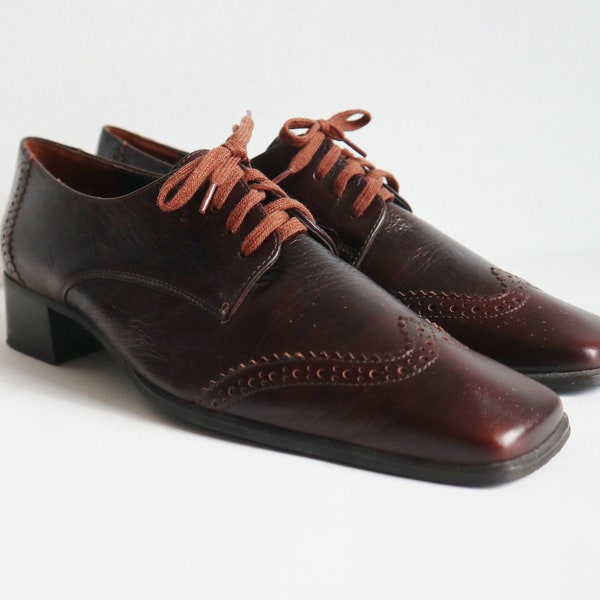 Chaussures à lacets en cuir marron et bout carré // Paul Green München // Taille 38 // Fabriqué en Autriche