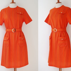 Orange 70er DEADSTOCK gestreift Vtg. Kleid // CT Design // Mit Gürtel // Größe 40 // Made In Denmark