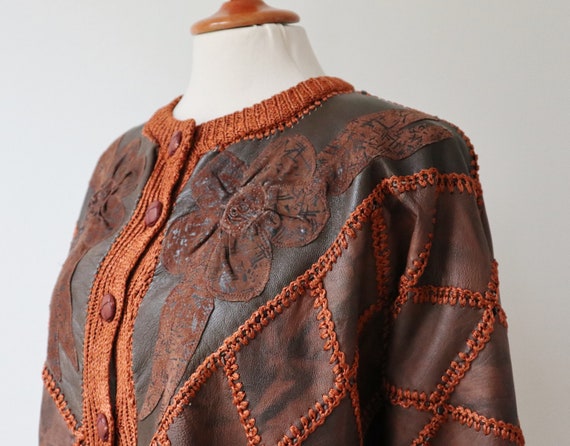 Brown 80s Leather/Knit Patch Work Cardigan //Batw… - image 5