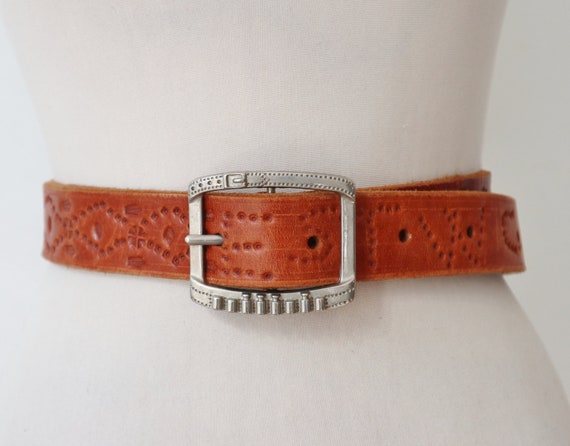 Tooled Vtg. Tan Leather Belt With Silver Metal Buckle - Etsy display picture 1