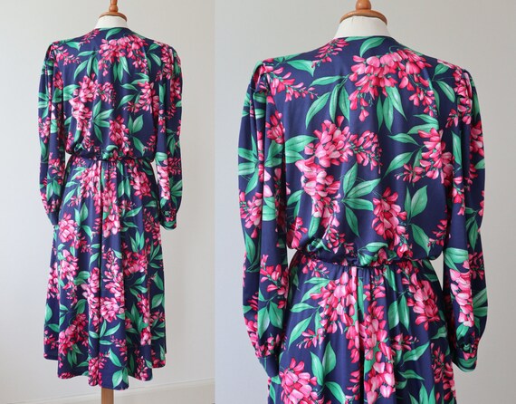 Blue 80s Vintage Dress With Pink Green Floral Pri… - image 4