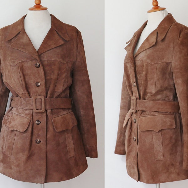 Brown Belted 70s Vintage Suede Jacket // Front Pockets // Size M