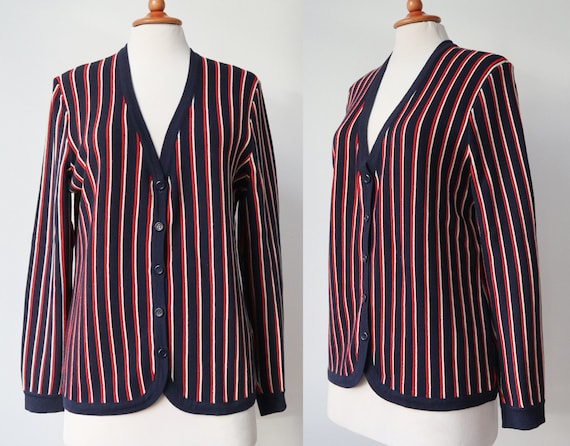 Blue 70s Vintage Cardigan With Red And White Stripes // Bernhard Altmann Wien // Merino Wool // Size M // Made In Austria