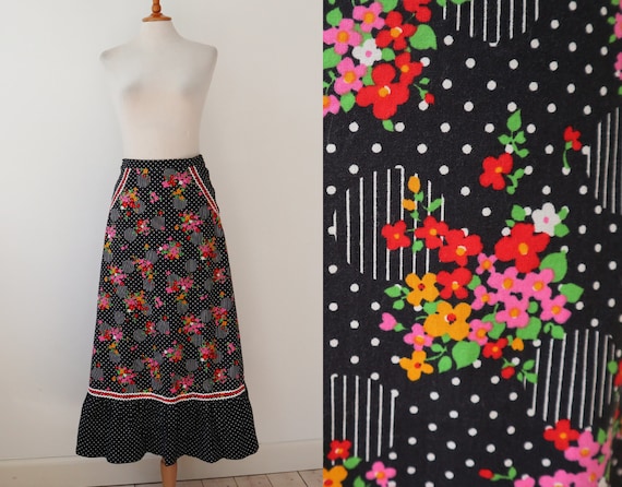 Black 70s Vtg. Maxi Skirt With Bright Colored Flo… - image 1