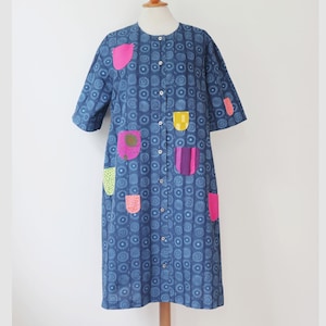 Blue Marimekko Illoinen Takki Pocket Dress // 100% Cotton // Through Buttoned Oversize Dress // Size 38 // Made In Finland
