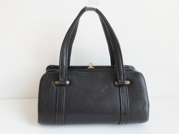 Black 60s Vintage Top Handle Leather Bag With Gold