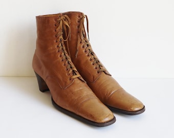 Camel Brown Edwardian Vintage Lace Up Leather Boots // Steampunk // Size 39