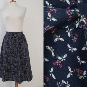 70s Blue Vtg. A-Line Skirt With White/Pink Print // Botanical Print // High Waisted COTTON Skirt // Size 40