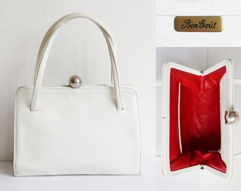 White Vtg. Top Handle Bag With Silver Closure // Bon Goût // Leather Bag With Red Lining // Made In Denmark