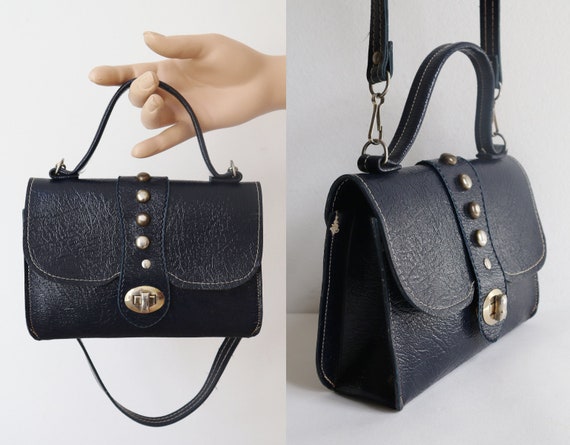 Blue 60s Vintage Vegan Bag With Rivets // Shoulder