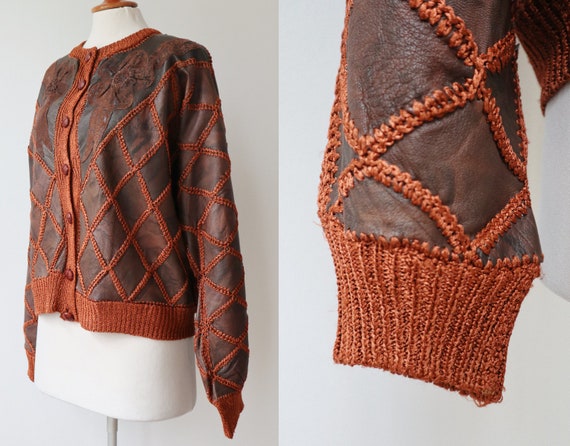 Brown 80s Leather/Knit Patch Work Cardigan //Batw… - image 2