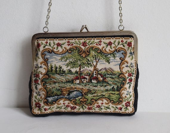 60s Tapestry Top Handle Bag With Landscape/Buildin
