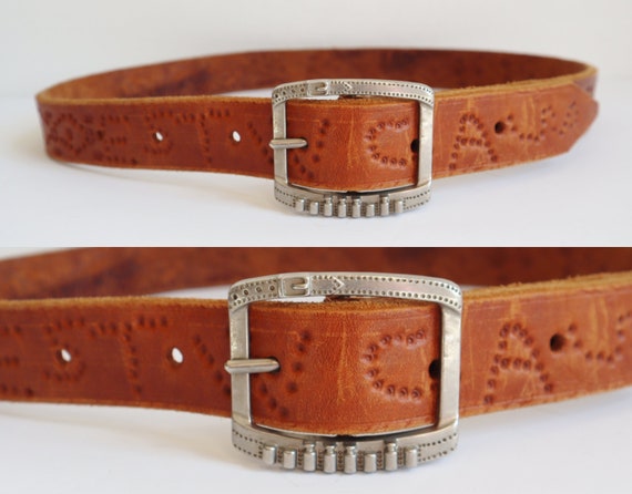 Tooled Vtg. Tan Leather Belt With Silver Metal Buckle - Etsy display picture 1