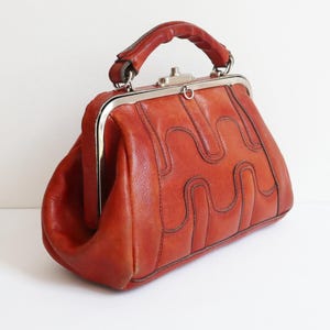 Cognac Brown 60s70s Leather Top Handle/Shoulder Bag / Stitched Front Pattern / Bel Sac / Silver Closure - Removable Strap / Made In Denmark