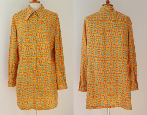 Yellow Vtg. Lady Print Top/Mini Dress With Pink O… - image 2