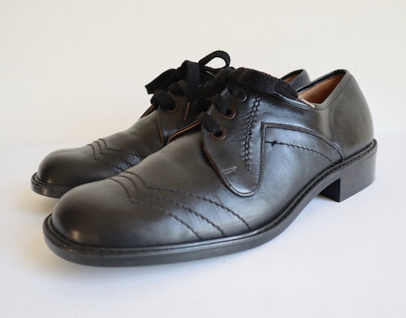 Black 70s Mens Lace up Shoes With Stitching // ENESKA  display picture 1