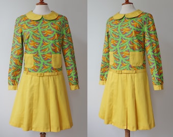 Funky Yellow 60s Vintage Mini Dress // Green Orange Purple Graphic Pattern // Finn Teens // Peter Pan Collar // Size 42 // Made In Finland