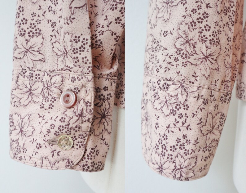 Pale PinkBrown 70s Vintage Lady Shirt With Leaves Big Collar Made In Denmark