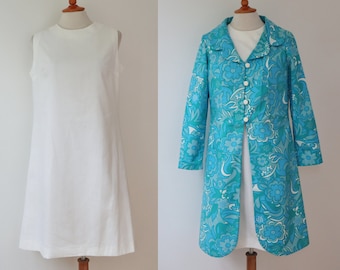 Gorgeous 60s DEADSTOCK 2 Piece Set // White Cotton Dress With Coat In Bright Colors // 100% Cotton // Size M