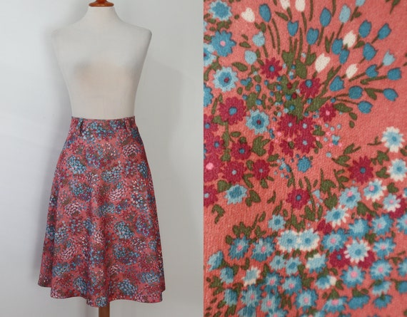 70s Pink A Line Skirt With Blue White & Red Flower