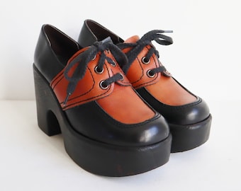 Black/Cognac Brown 70s DEADSTOCK Platform Leather Lace Up Shoes // PCA // Danish Design //  Size 39