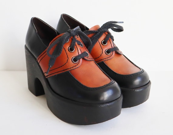 Black/cognac Brown 70s DEADSTOCK Platform Leather Lace up Shoes