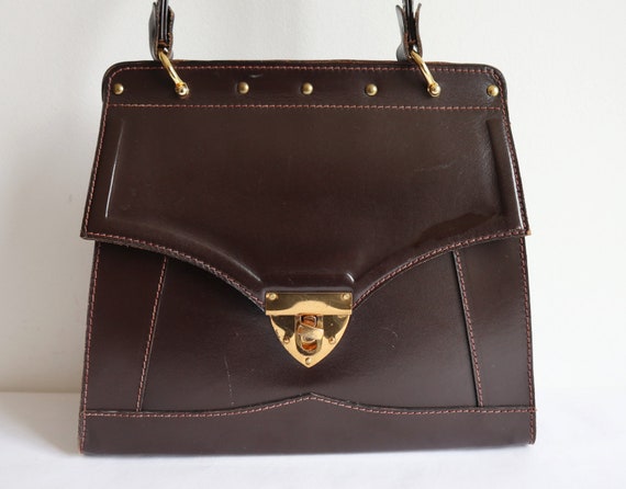 Brown 50s 60s Vintage Top Handle Bag With Golden R