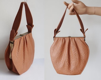40er50er Jahre Vtg. Top Griff Ledertasche // Hellbraune Tasche mit goldenem Verschluss