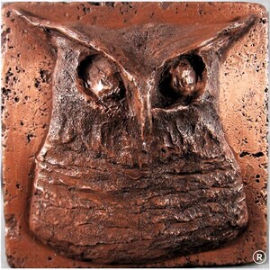 May include: A close-up of a copper owl sculpture with a textured surface. The owl's eyes are large and round, and its beak is small and pointed.