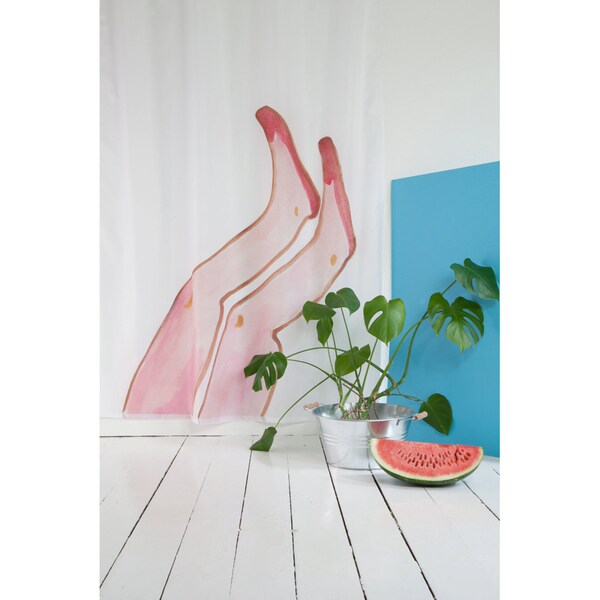 Art print shower curtain with shower curtain hooks and weighted hem