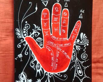 Pintura de quiromancia, arte de creencias espirituales, arte de brujas paganas.