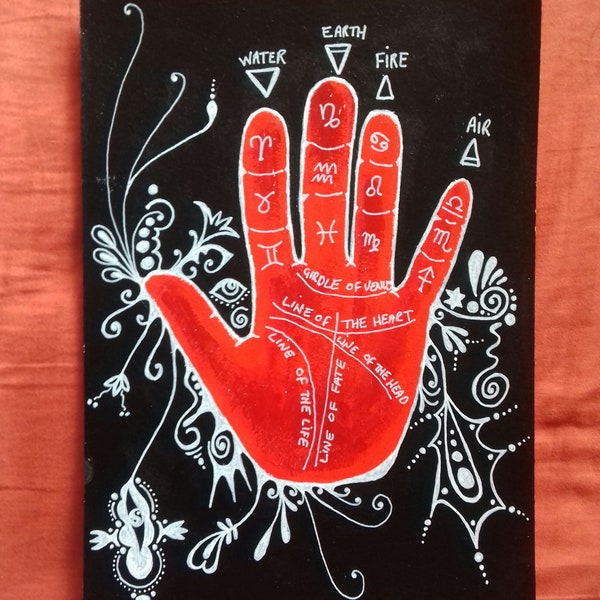 Palmistry painting, spiritual beliefs art, pagan witch art.