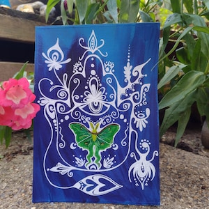 Luna Polilla Hamsa Mano pintura acrílica