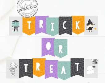 Könnte beinhalten: Ein Halloween-Banner mit den Worten "TRICK OR TREAT" in weißen Buchstaben auf bunten Wimpeln. Das Banner enthält Illustrationen eines Monsters, einer Hexe, eines Skeletts, eines Geistes und einer Spinne. Sofort-Download.