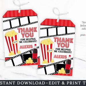 Movie Night Party Favors Tags, Movie Favor Tags Instant Download | Editable Favor Tags | Edit Online Today with Corjl | 505