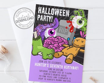 May include: A Halloween party invitation with a spooky cartoon design. The invitation features a zombie hand, eyeball, brain, and voodoo doll. The text reads "Halloween Party!" and includes party details.