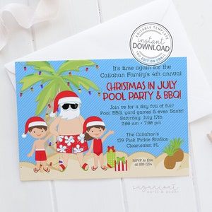 Christmas in July Invitation, Christmas in July, Summer Christmas, Summer Santa, Santa in July, xmas July, July Christmas | 129