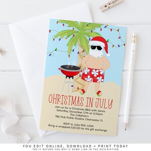 Christmas in July Invitation, Beach Christmas, Summer Christmas, Summer Santa, BBQ Santa in July, xmas July, Beach Christmas Invitation 786