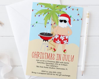 Christmas in July Invitation, Beach Christmas, Summer Christmas, Summer Santa, BBQ Santa in July, xmas July, Beach Christmas Invitation 786