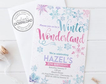 Winter Wonderland Invitation, Winter Invitations, Pink Snowflake, Purple Wonderland, Winter Wonderland , Girl 1st Birthday | 101