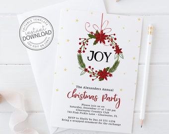 May include: A white Christmas party invitation with a wreath design and the word "JOY". The invitation includes event details and RSVP information. Gold stars are scattered across the white background. The invitation is accompanied by a white envelope and a pencil.