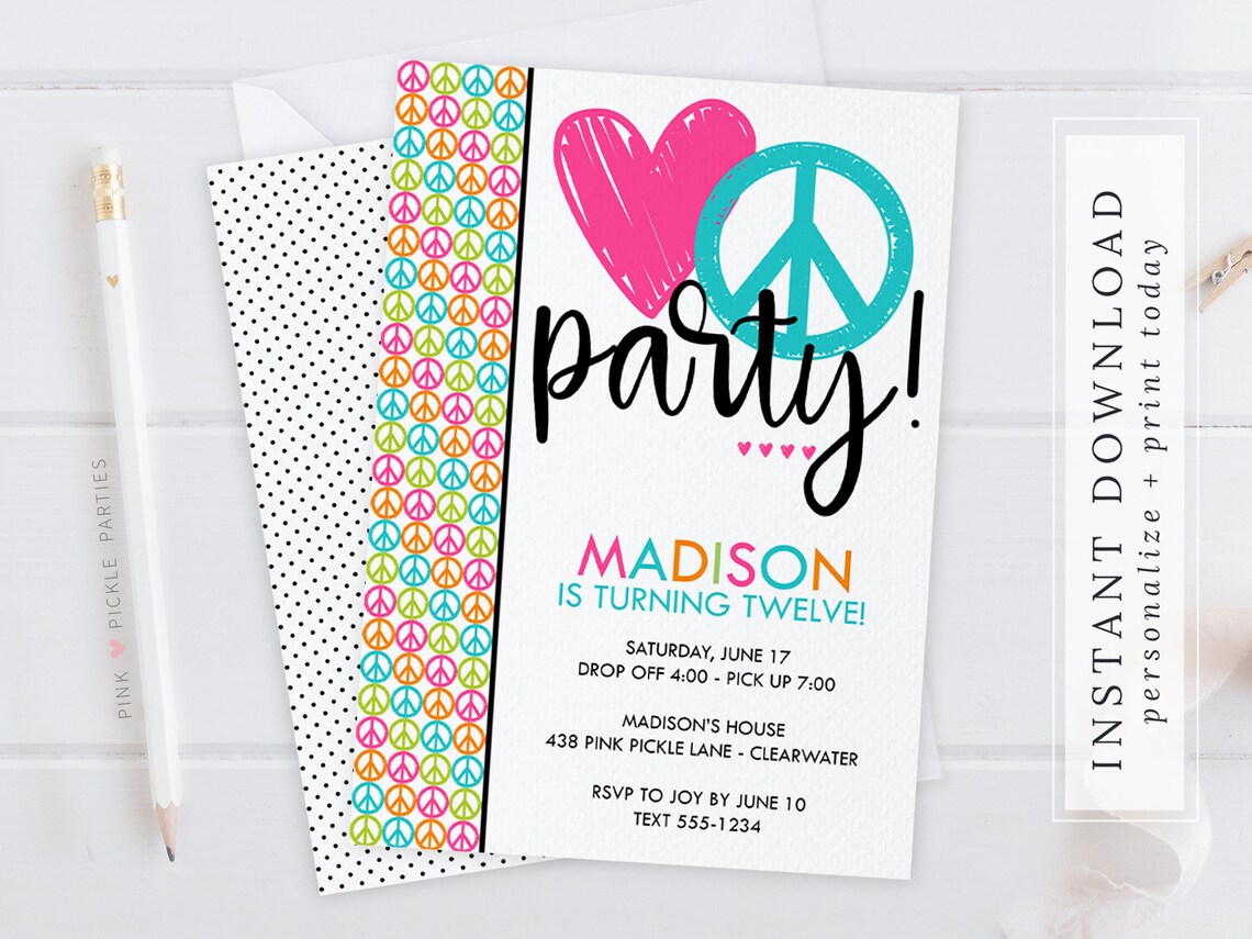 Peace Sign Invitations Peace Sign Birthday Invites Peace | Etsy