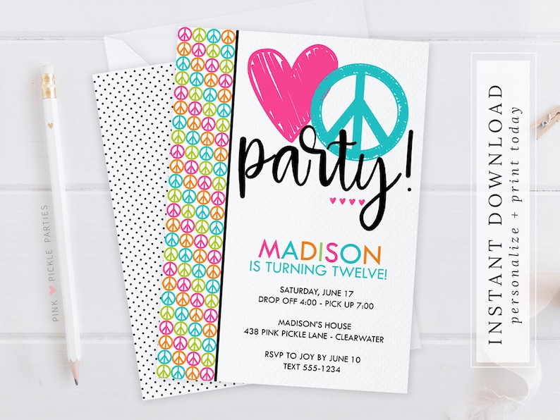 Peace Sign Invitations Peace Sign Birthday Invites Peace | Etsy